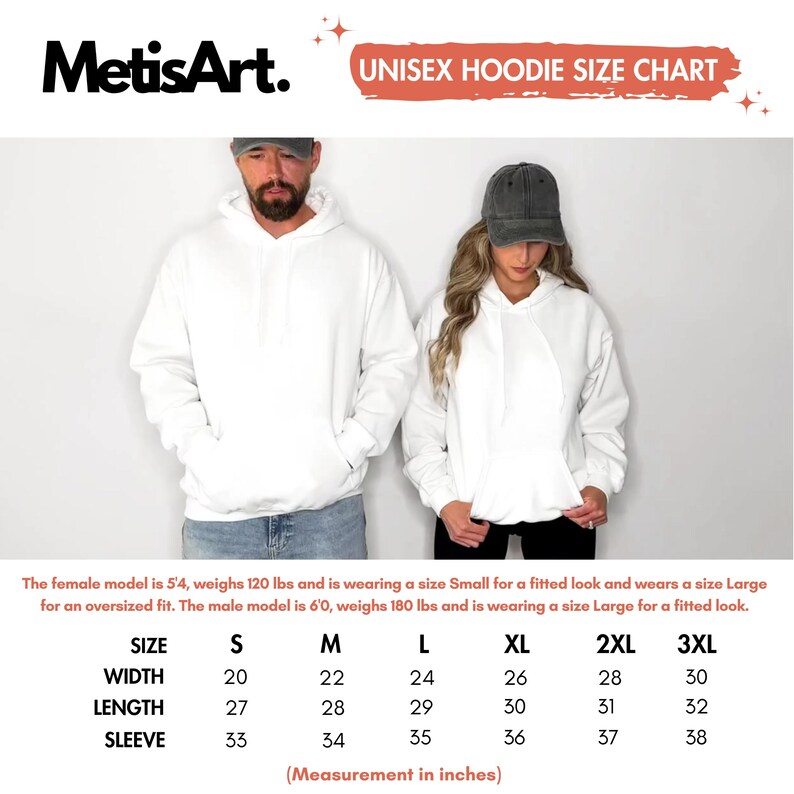 May include: White unisex hoodie with a kangaroo pocket, displayed on two models. The image includes a size chart with measurements in inches for width, length, and sleeve length, ranging from size S to 3XL. The brand name "MetisArt" is visible.
