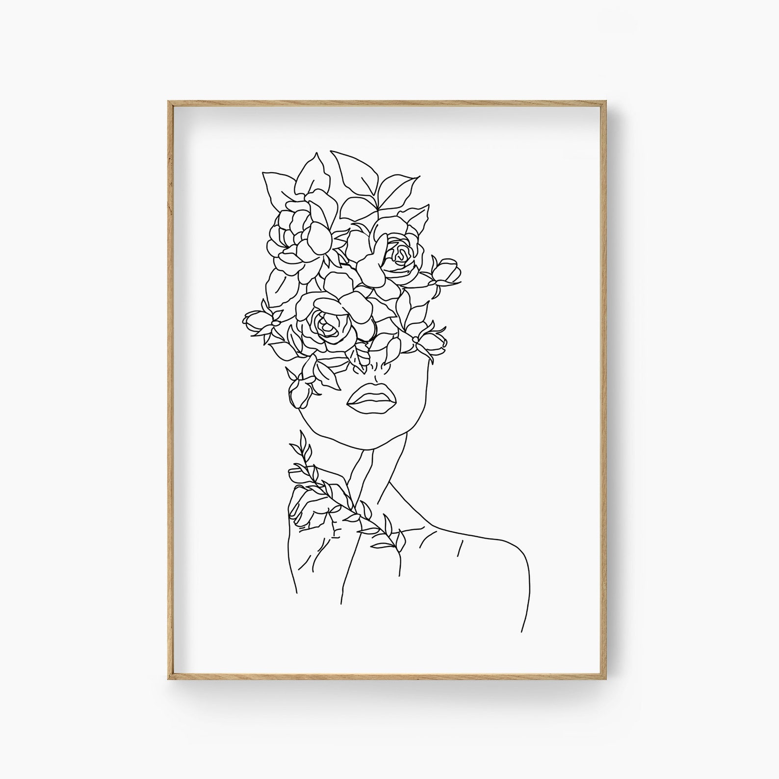 Head of Flowers Art Print Line Art Woman With Flowers Flower Etsy