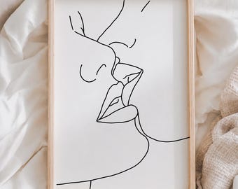 Lesbian Kiss Line Art Print - Black and White LGBTQ Pride Wall Decor