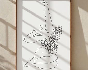 Lámina artística en blanco y negro con diseño de mujer con curvas - Decoración floral para pared que promueve la positividad corporal