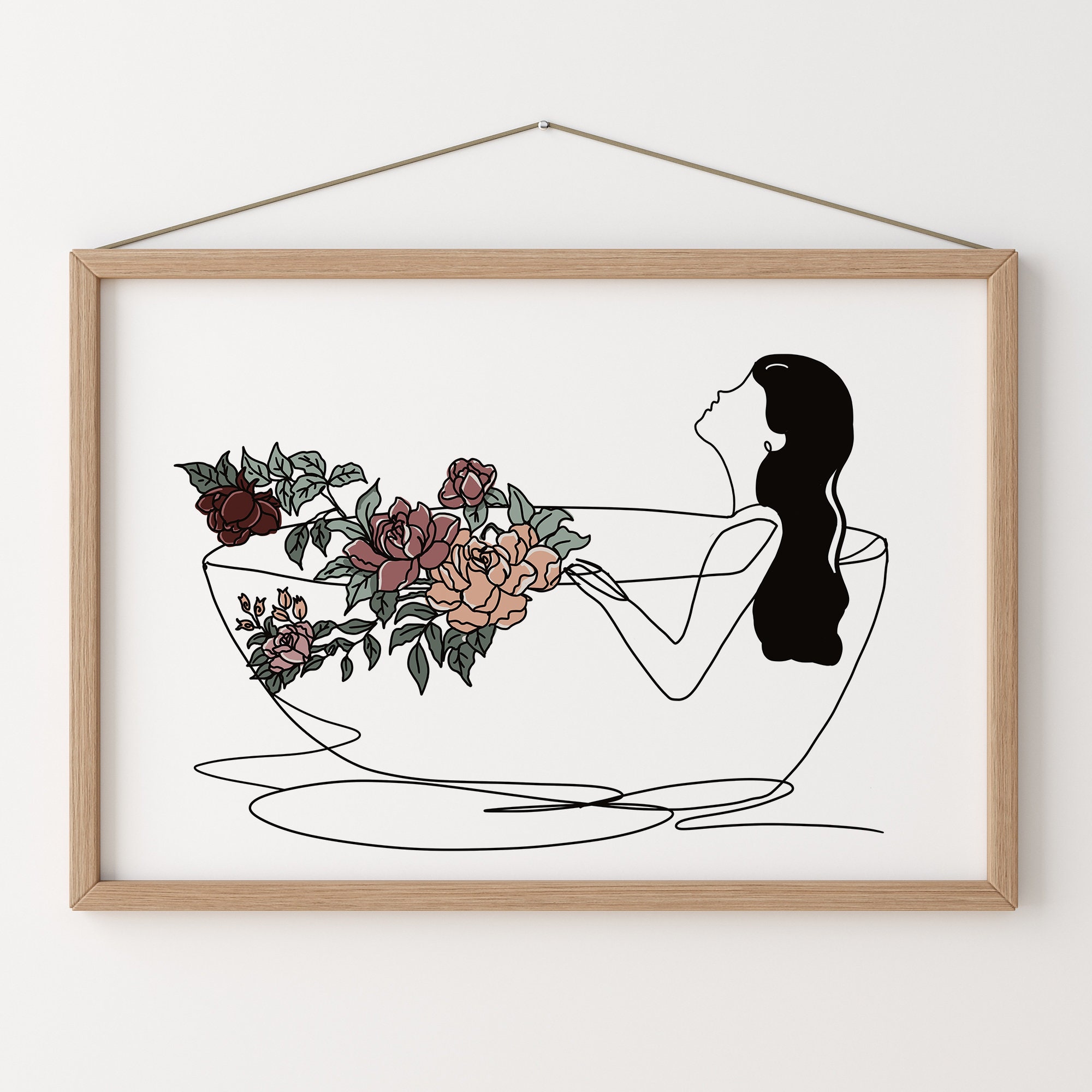 Bathroom Wall Art Woman Bathtub Line Art Print Female Flower | Etsy
