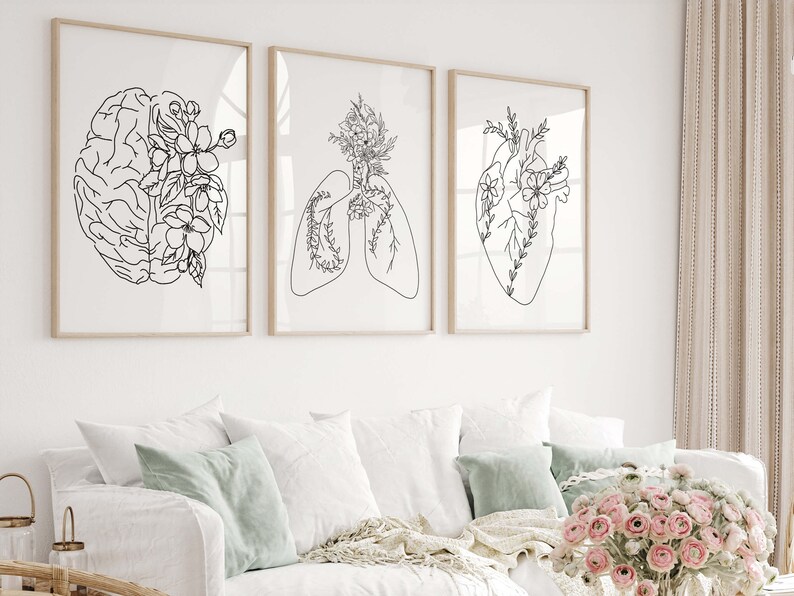 Black and White Floral Anatomy Print Set - Brain Lungs Heart Medical ...