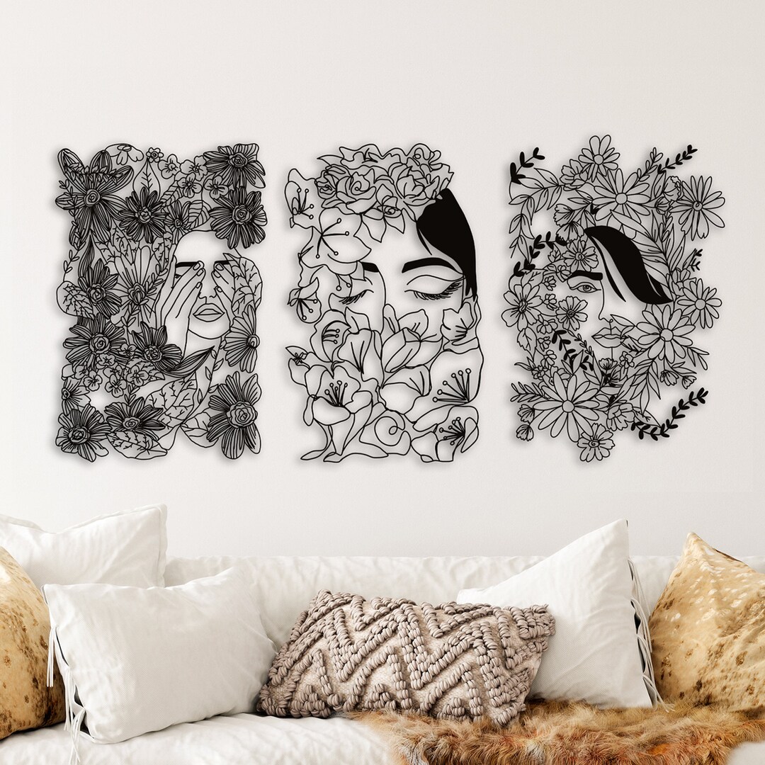 Floral Woman Face Metal Wall Art Set: Boho Feminist Decor - Etsy