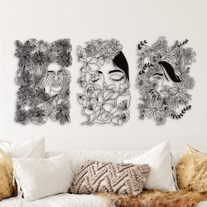 Floral Woman Face Metal Wall Art Set: Boho Feminist Decor