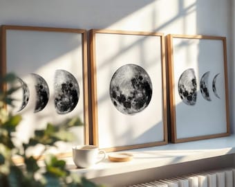 Juego de láminas artísticas de fases lunares - Decoración de pared lunar celestial en blanco y negro