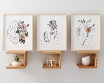 Floral Anatomy Print Set - Brain Lungs Heart Wall Art - Medical Office Decor