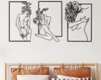 Flower Woman Metal Wall Art, Woman Body Metal Art Set, Abstract Floral Woman Metal Art, Bedroom Metal Line Art Set, Bathroom Wall Decor