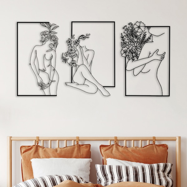 Flower Woman Metal Wall Art, Woman Body Metal Art Set, Abstract Floral Woman Metal Art, Bedroom Metal Line Art Set, Bathroom Wall Decor