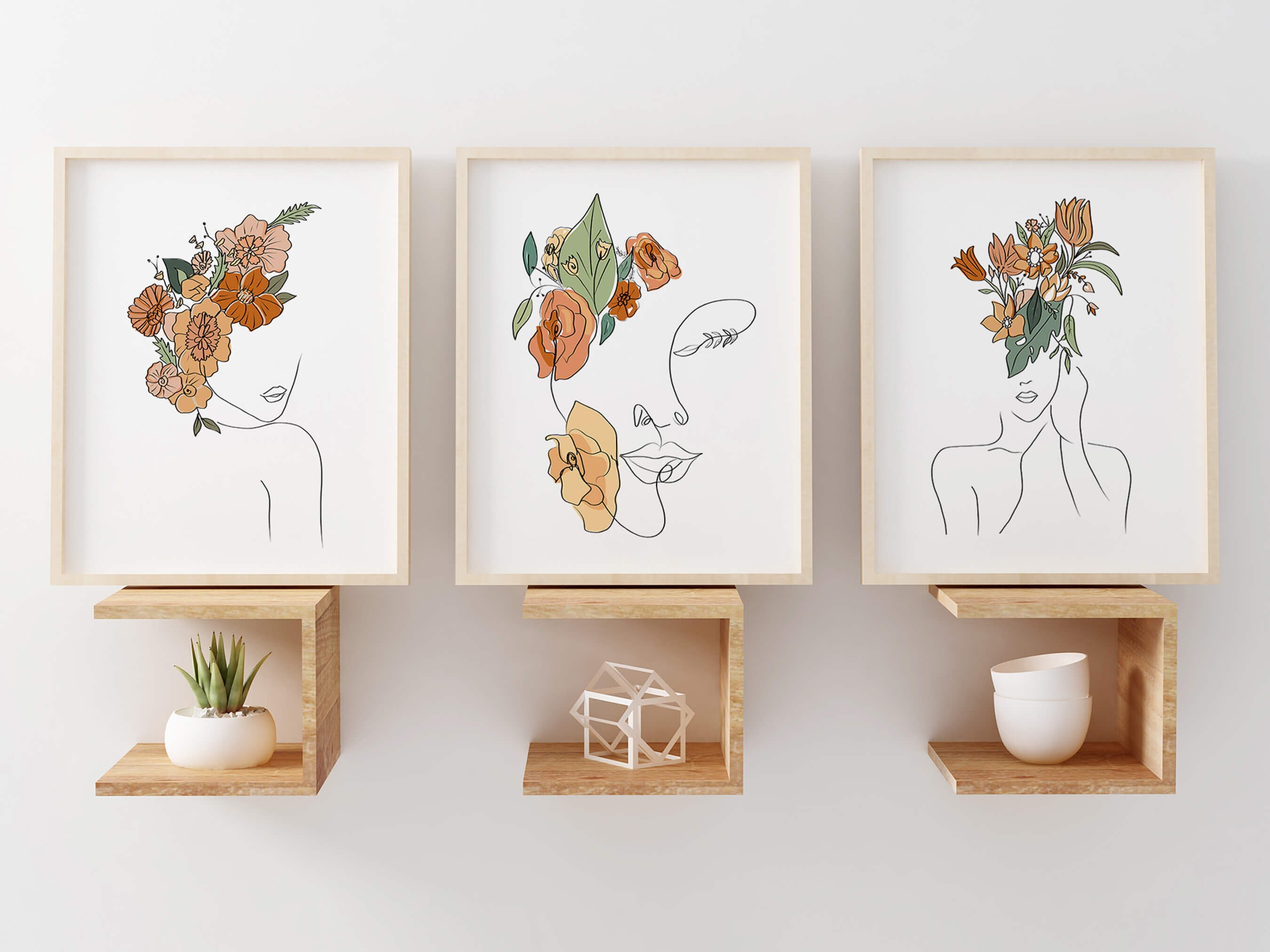 Boho Woman Line Art Print Set: Floral Female Portrait, Set of 3 - Etsy