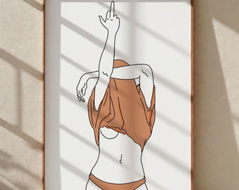 Middle Finger Empowering Woman Line Art Print, Feminist Wall Decor for Bold Bedroom