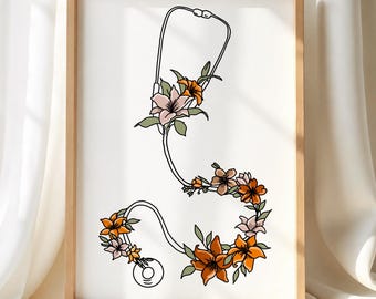 Floral Stethoscope Line Art Print - Doctor Gift - Medical Clinic Wall Decor