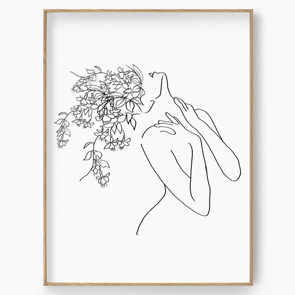 Head of Flower, Line Art Woman With Flower, Flower Crown Art Print, Flower Woman Line Art, Woman With Flower Wall Art, Line Drawing Woman