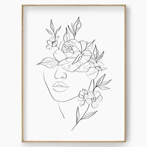 Head Of Flowers Line Art Print, Woman With Flowers Poster, Flower Woman Line Art, Woman With Flowers Wall Art, Minimal Line Drawing Woman