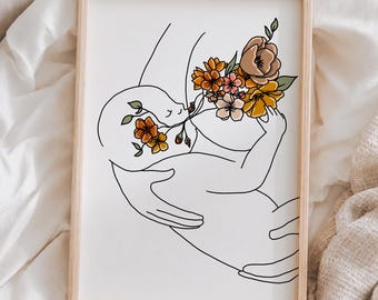 Floral Breastfeeding Art Print - Minimalist Nursing Mother Poster for Lactation Room