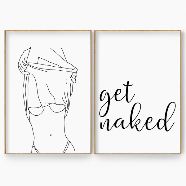 Get Naked Wall Art Poster Set van 2 Get Naked Sign Print One Line Woman Drawing Picasso Art Slaapkamer Muurkunst Badkamer Muur Decor Horizontaal