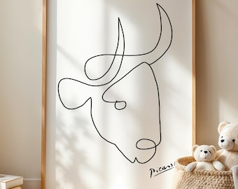 Picasso Bull Head Line Art Print - Minimalist Animal Wall Decor for Nursery