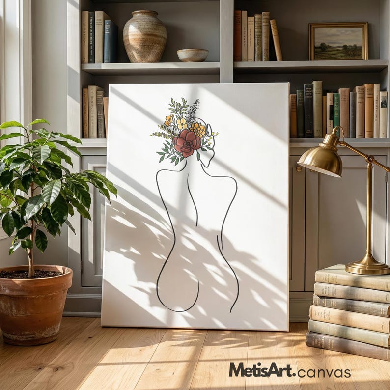 Floral Head Woman Back Line Art - Minimalist Female Figure Botanical Wall Decor image 14