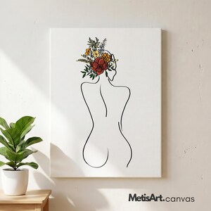 May include: A rectangular canvas print featuring a black line art drawing of a human back and head. The head is adorned with a colorful floral arrangement in shades of red, orange, yellow, and green. The text MetisArt.canvas is in the bottom right.