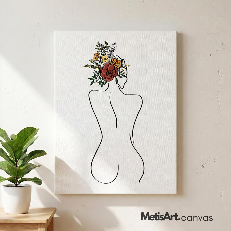 May include: A rectangular canvas print featuring a black line art drawing of a human back and head. The head is adorned with a colorful floral arrangement in shades of red, orange, yellow, and green. The text MetisArt.canvas is in the bottom right.