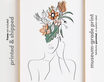 Flower Head Woman Line Art Print: Minimalist Female Portrait