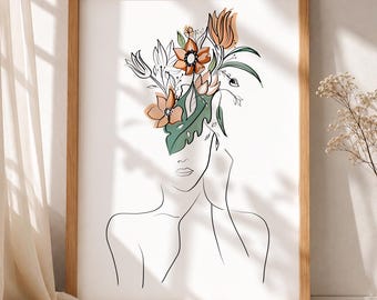 Floral Head Woman Line Art - Minimalist Botanical Silhouette Poster