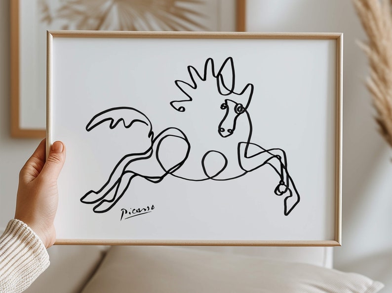 Fine-art giclée print of a leaping horse outlined in abstract contours, signed “Picasso” in the corner.