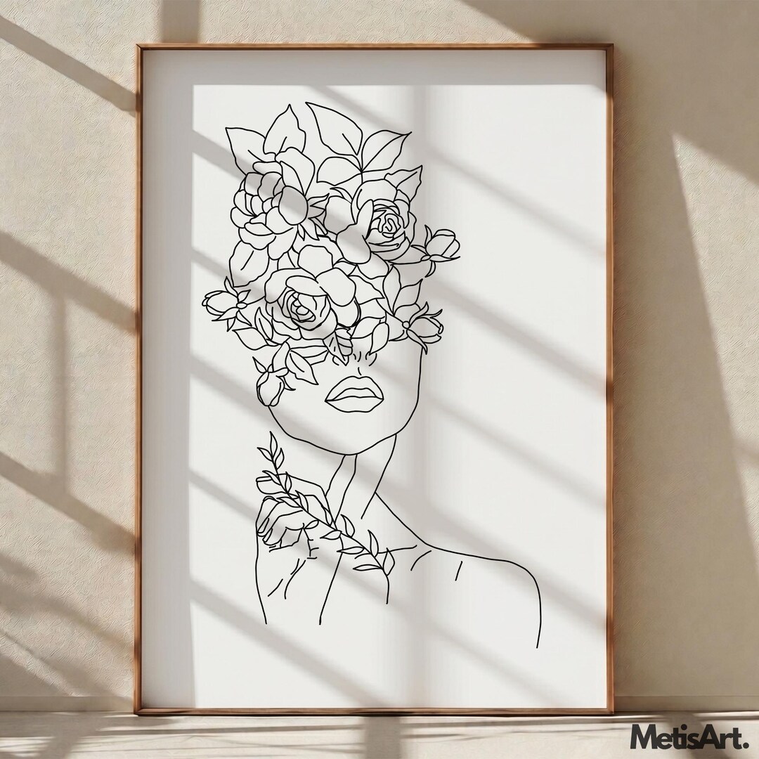 Floral Woman Line Art Print: Minimalist Flower Head Wall Decor (digital ...