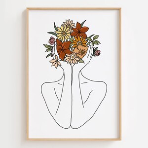 Bouquet de fleurs dessin au trait tête de femme, impression d'art abstrait femme, affiche minimale du corps de femme, impression d'art féminin fleur, dessin abstrait de femme