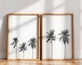 Palm Tree Print Set Black and White - Tropical Coastal Bedroom Wall Decor