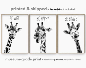 Nursery Giraffe Print, Funny Giraffe Poster Set, Black and White Giraffe Wall Art, Safari Nursery Animal Wall Decor, Baby Room Wall Decor