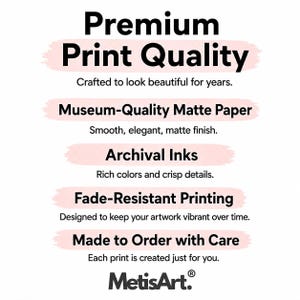 May include: White background with text in black and pink. The text reads "Premium Print Quality", "Museum-Quality Matte Paper", "Archival Inks", "Fade-Resistant Printing", and "Made to Order with Care". The MetisArt logo is at the bottom.