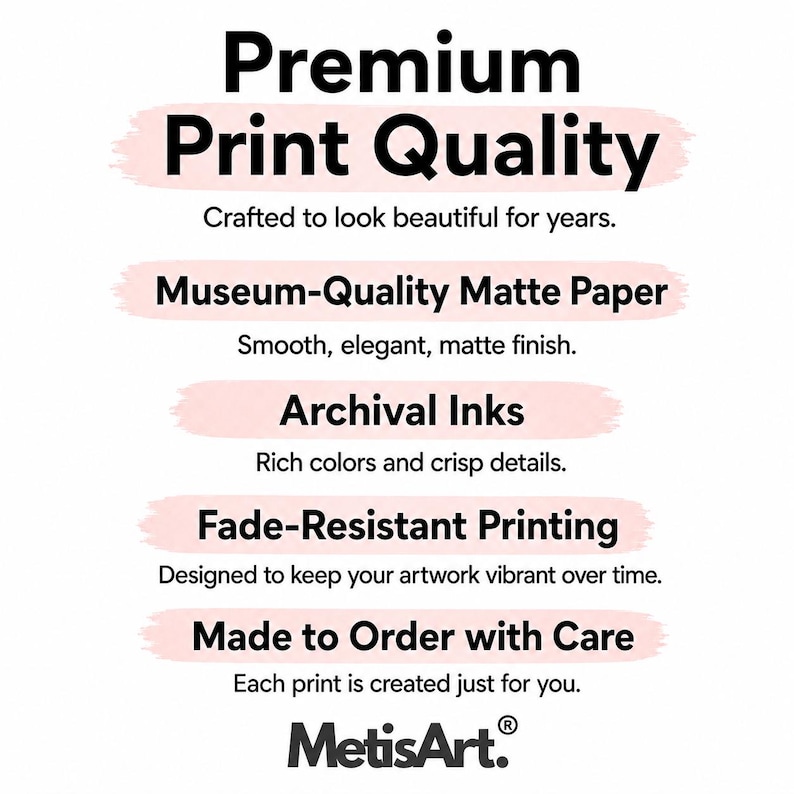 May include: White background with text in black and pink. The text reads "Premium Print Quality", "Museum-Quality Matte Paper", "Archival Inks", "Fade-Resistant Printing", and "Made to Order with Care". The MetisArt logo is at the bottom.
