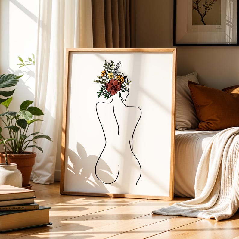 Floral Head Woman Back Line Art - Minimalist Female Figure Botanical Wall Decor image 18