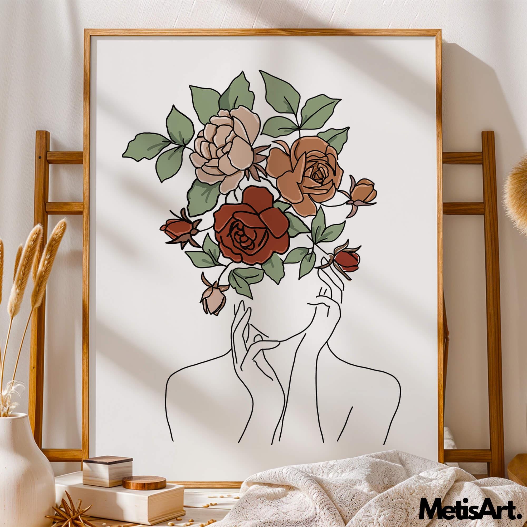 Floral Woman Line Art Print - Minimalist Female Face Poster for Bedroom ...