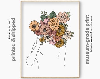 Peony Head Woman Wall Art, Floral Woman Line Art, Flower Female Poster, Abstract Female Art Print, Original Printable Wall Art Illustration