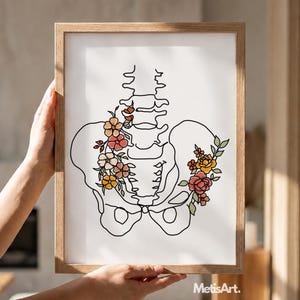 May include: A framed print featuring a black line art illustration of a human pelvis and lumbar spine. The skeletal structure is decorated with colorful floral accents in shades of orange, pink, yellow, and green. The text MetisArt is in the corner.