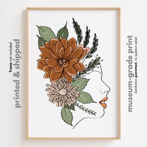 Weibliche Blume Linie Zeichnung, Frauen Gesicht Boho Print, Boho Linie Kunstdruck, bunte Boho Frau Wandkunst, buntes weibliches Poster, One line Art