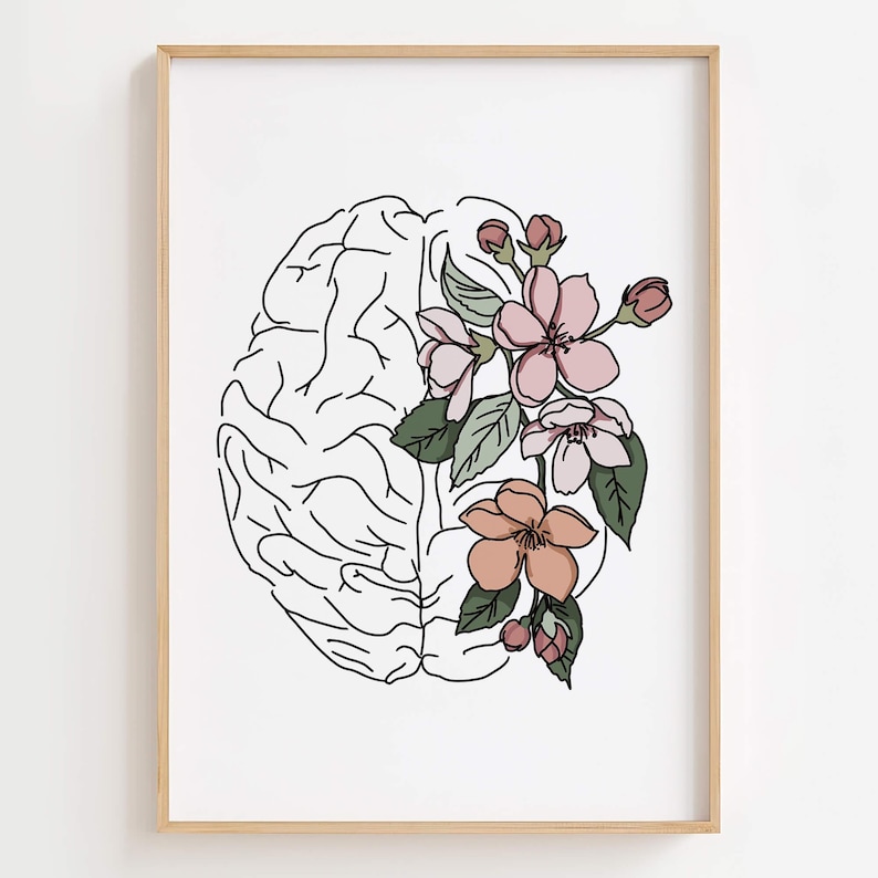 Puede incluir: Una impresi&oacute;n art&iacute;stica enmarcada que presenta un dibujo lineal negro de un cerebro, parcialmente superpuesto con delicadas flores rosas y melocot&oacute;n y hojas verdes. La obra de arte est&aacute; sobre un fondo blanco.