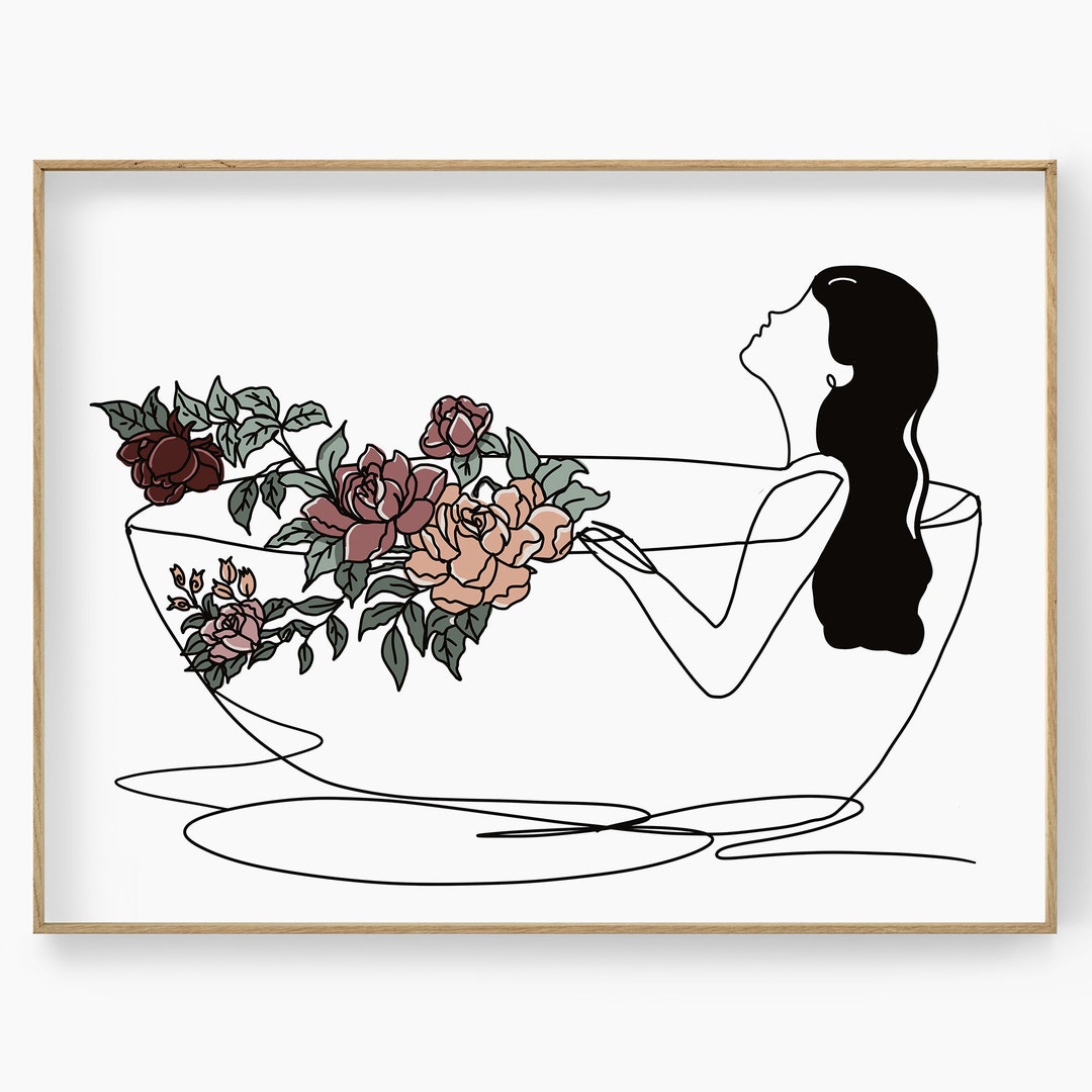 Bathroom Wall Art Woman Bathtub Line Art Print Female Flower - Etsy