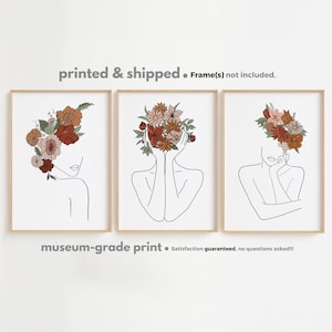 Frau Pfingstrosen Linie Kunst, Minimaler Blumendruck, 3-er Set Drucke, Weibliche Blumenwandkunst, Blumenkopf Frau Poster, Gedruckte Linie Zeichnung