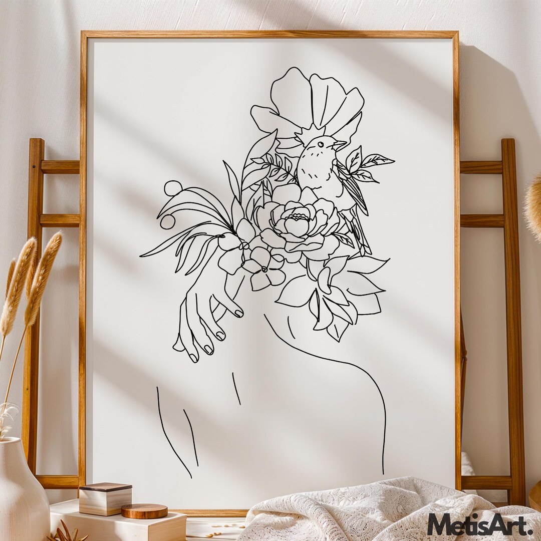 Floral Woman Line Art Print: Minimalist Female Figure (digital Download ...