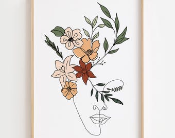 Floral Woman Line Art Print: Abstract Minimalist Drawing