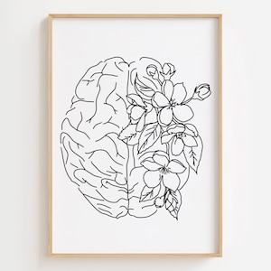 Blumen Gehirn Art Print, schwarz weiß, Gehirn Anatomie Poster, Gehirn Linie Zeichnung, Arzt Büro Wand Dekor, medizinische Wand Kunst