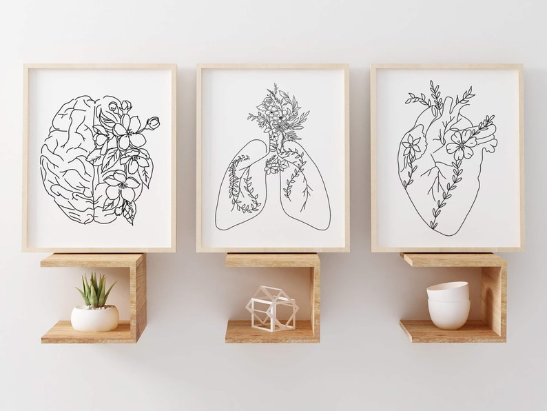 Black and White Floral Anatomy Print Set - Brain Lungs Heart Medical ...