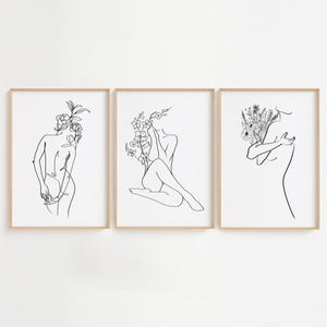 Ensemble de dessin au trait fleur femme nue, dessin au trait abstrait corps de femme, ensemble d'art mural féministe, ensemble d'affiches femme féminine, impression d'autonomisation minimale