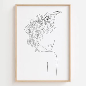 Dessin au trait capitule femme fleur, art mural capitule femme fleur, affiche capitule femme minimaliste, dessin au trait simple, Illustration de ligne femme
