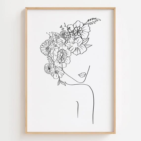 女性の花の頭の線画、女性の花の頭の壁画、ミニマリストの女性の花の頭 