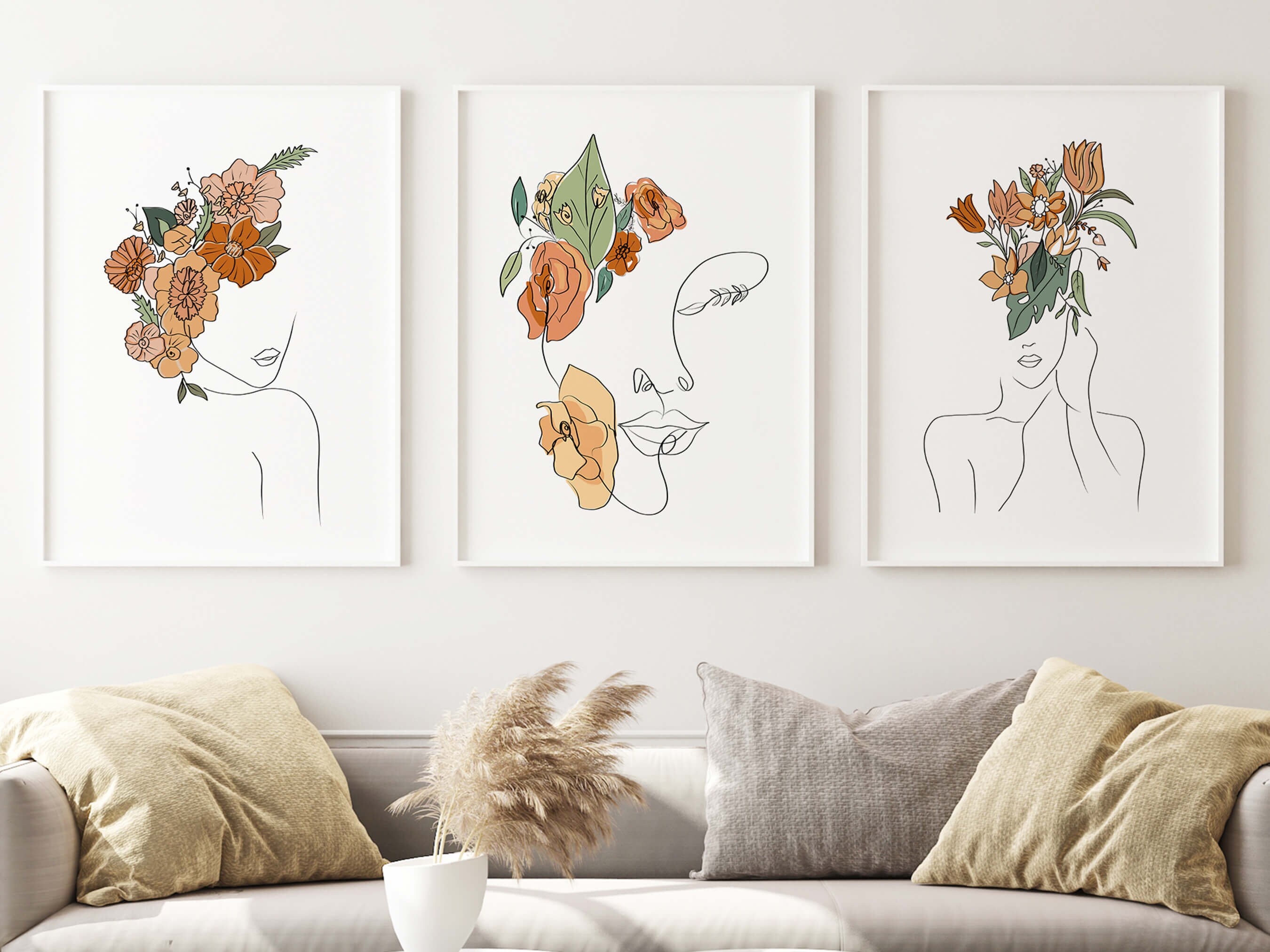 Boho Woman Line Art Print Set: Floral Female Portrait, Set of 3 - Etsy