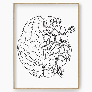 Flower Brain Art Print, Black and White, Brain Anatomy Poster, Brain Line Drawing Artwork, Doctor Office Wall Decor, Medical Wall Art