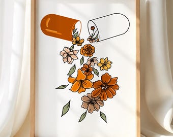 Floral Pill Art Print for Pharmacist Gift, Pharmacy and Apothecary Decor